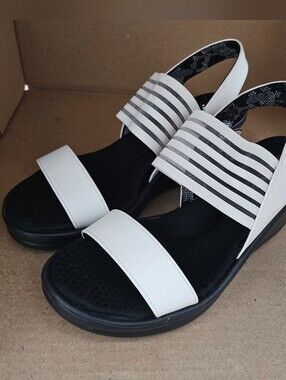 Skechers Women’s White and Black Elastic Strap Slide Sandals